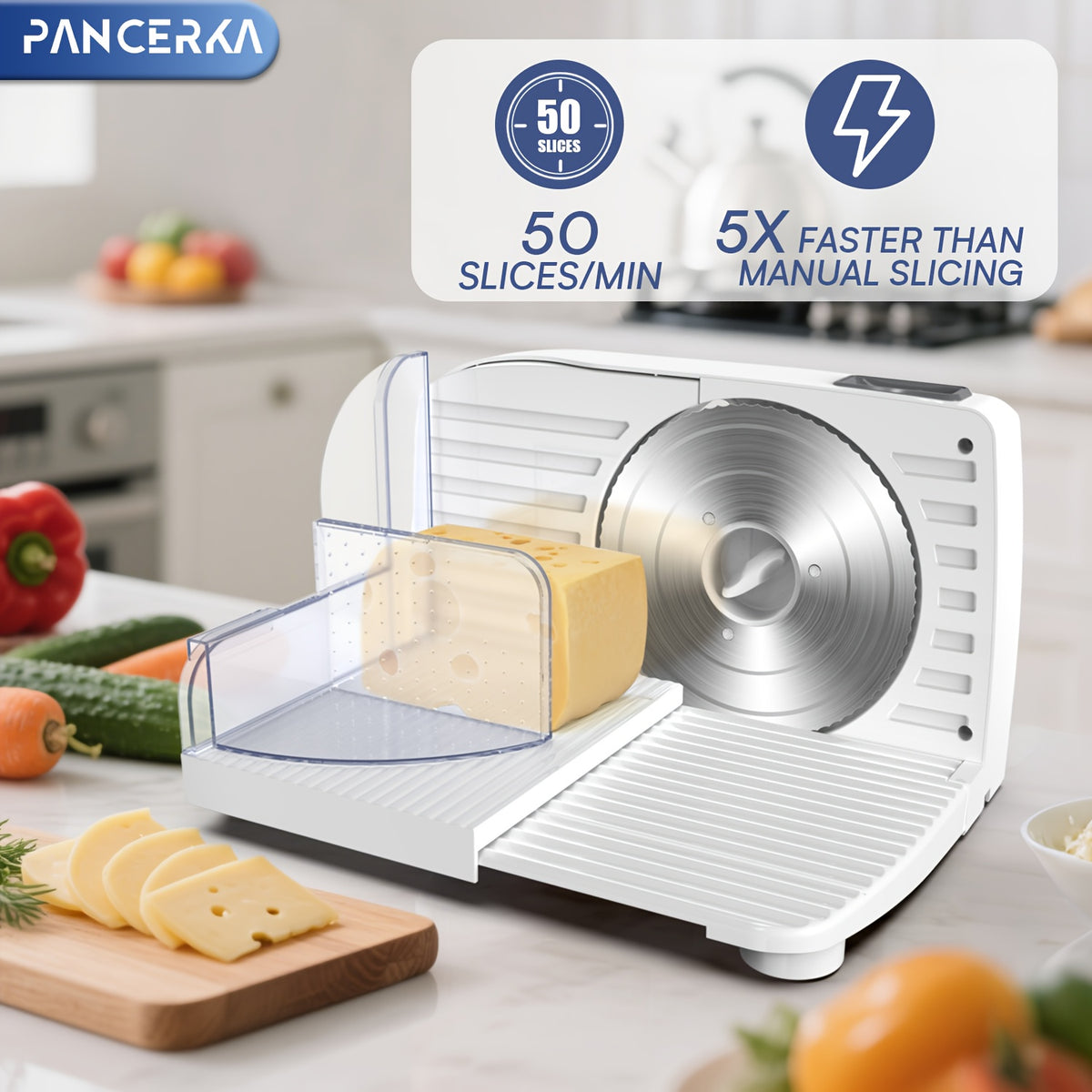 Adjustable Deli Food Slicer by PANCERKA in White, One Electric Cutting Machine with Listed 0–15mm Thickness Range and 130–200W Wording for Compatible Kitchen Foods