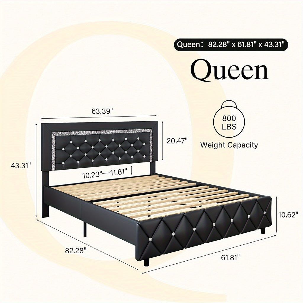 Diamond Tufted Upholstered Bed Frame in Black Faux Leather with Headboard, Footboard and Wooden Slat Support, Twin, Full, Queen and King Options