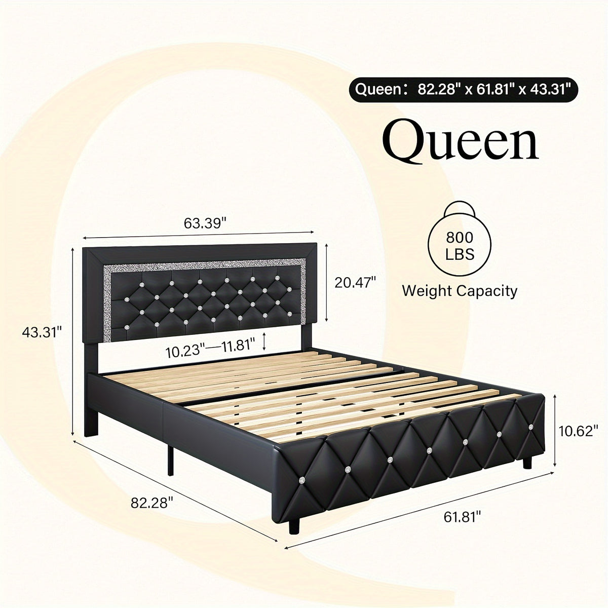 Diamond Tufted Upholstered Bed Frame in Black Faux Leather with Headboard, Footboard and Wooden Slat Support, Twin, Full, Queen and King Options