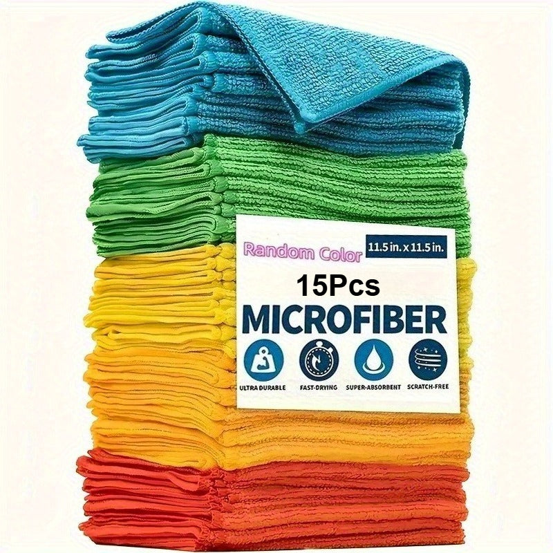 Microfiber Cleaning Towel Set, 15-Piece Random Color Polyester Cloth Pack for Reusable Household Wiping, Compatible Kitchen, Bathroom, Furniture and Appliance Care
