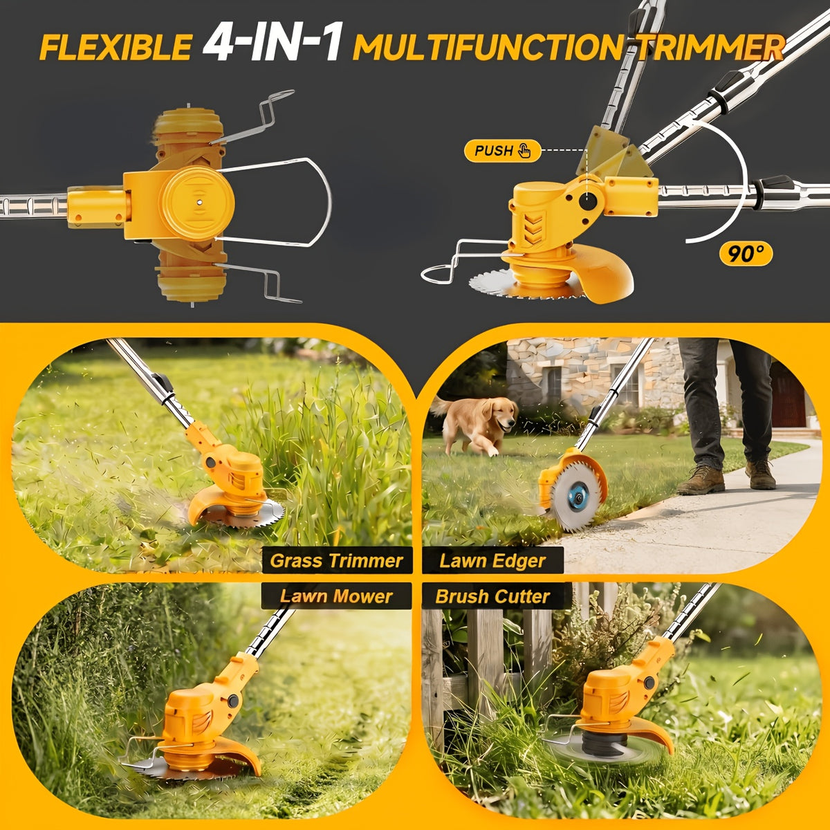 Battery Powered Weed Wacker with Lithium-Ion Battery and 3 Blade Types, Portable Cordless Grass Trimmer for Home Yard and Garden Care