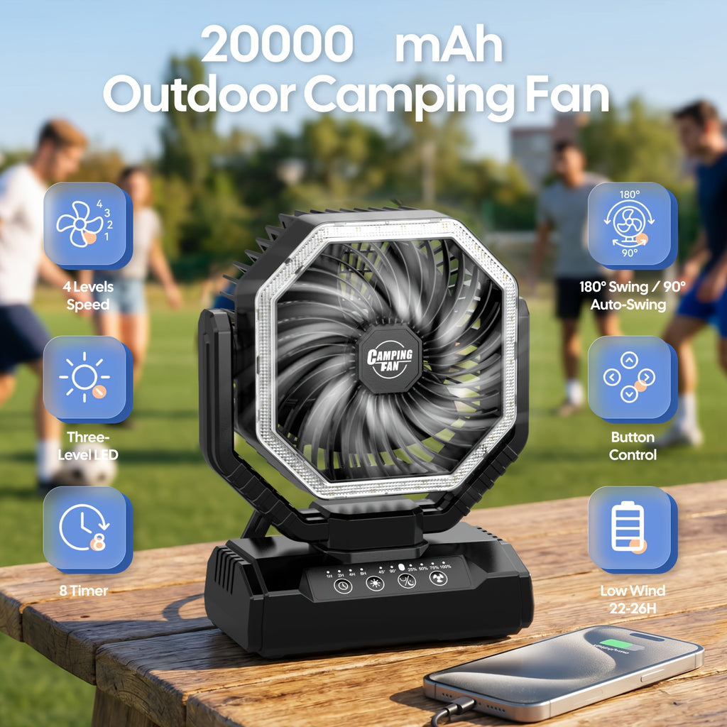 Battery Powered Camping Fan with 20000mAh Rechargeable Battery, Dual Auto Swing, 4 Speeds, 3-Level LED Light, 8-Hour Timer and Hanging Hook for Tents and RV Trips
