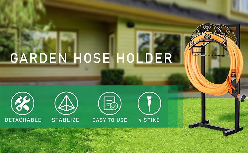 Metal Garden Hose Storage Rack, Black Detachable Outdoor Water Hose Holder with Single-Leg and Double-Feet Options for Garden, Patio and Lawn Organization