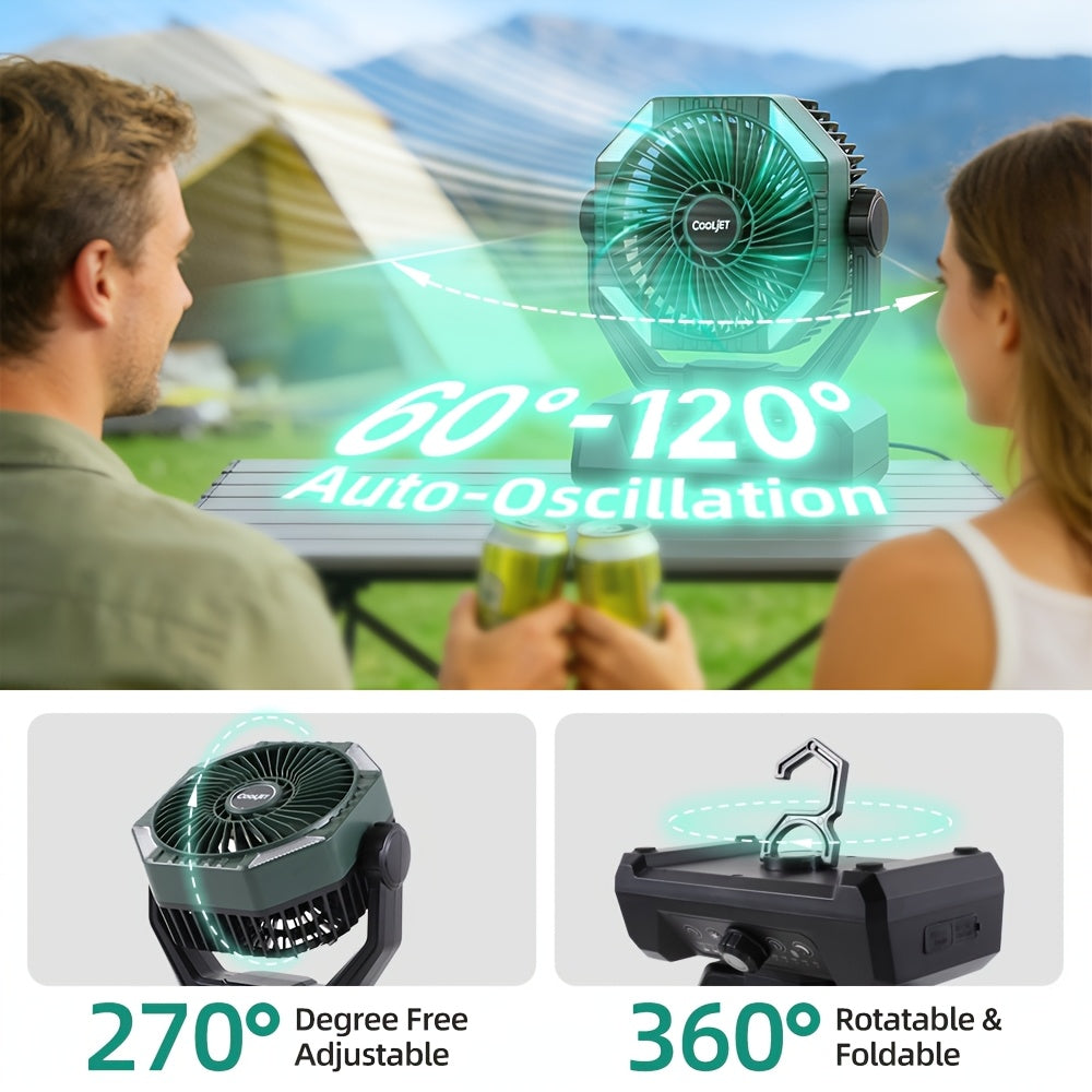CoolJet Portable Camping Fan with Listed 20000mAh Battery, Variable Speed and 18-LED Light with Three Dimming Levels, Fern Green or Orange Airflow Options