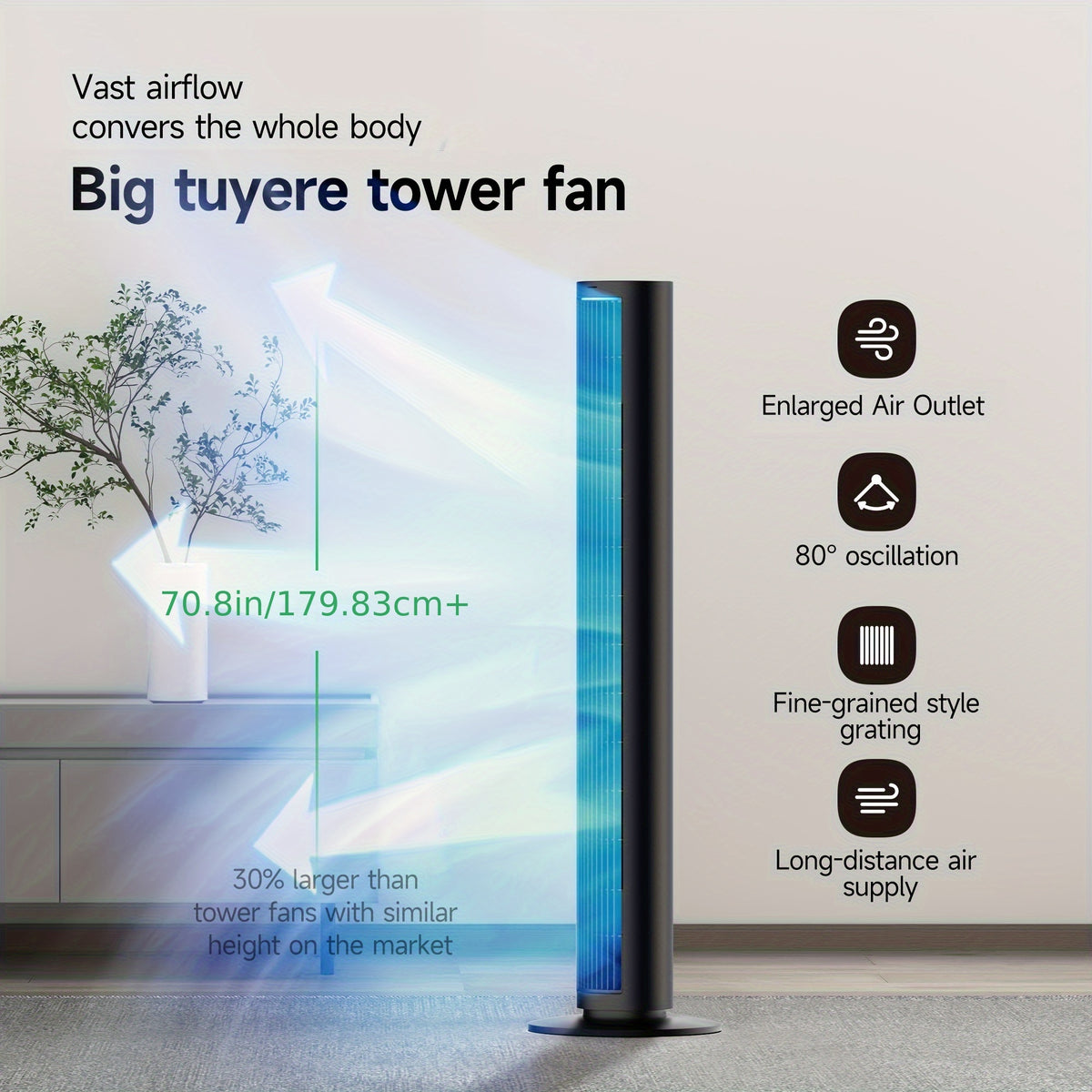 Oscillating Tower Fan in Black with 40-Inch Option Label, Listed Remote Control, Four Speeds, Timer and LED Display for Home Office and Living Room Airflow