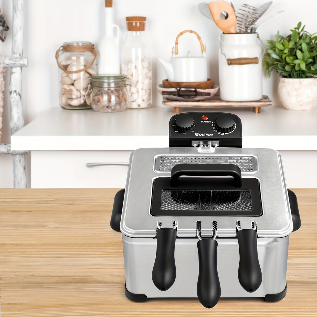 Viewing Window Electric Deep Fryer with Three Baskets, Listed 5.3QT Oil Capacity and 1700W Heating, Adjustable Temperature and Timer for Home Fried Food Preparation