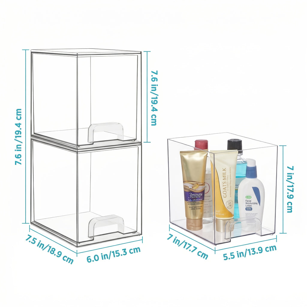 Clear Stackable Storage Drawers in Two-Pack Wide or Four-Pack Wide and High Options, Acrylic Desk Organizers for Office Supplies, Vanity Items and Art Materials