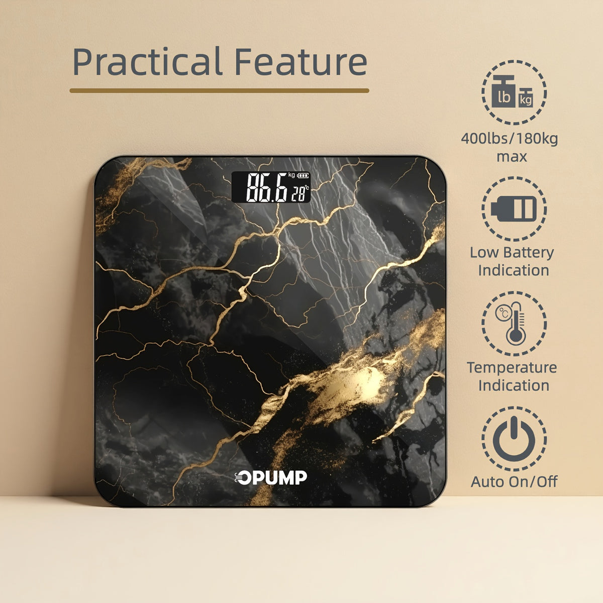 OPUMP Digital Bathroom Scale for Body Weight with Backlit LED Display, Listed 400lb/180kg Capacity and Included Batteries, Walnut Option for Daily Home Use