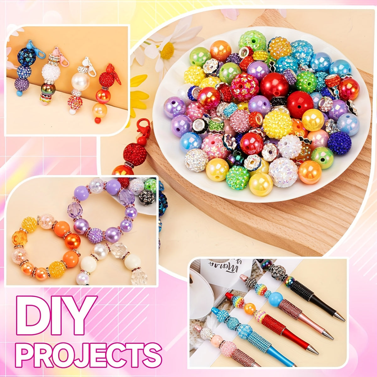 Bubblegum Beads for Beadable Pens, Listed 200-Piece Mixed Color Craft Assortment with 16mm and 20mm Chunky Bead Wording and Rondelle Spacers for DIY Keychain Projects