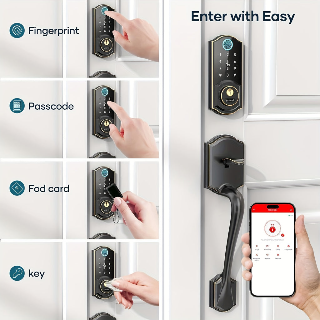 SMONET Fingerprint Deadbolt and Handle Set with Bluetooth, Digital Keypad, Phone App and Auto-Lock Wording, Black, Silvery or Oil Rubbed Bronze Options