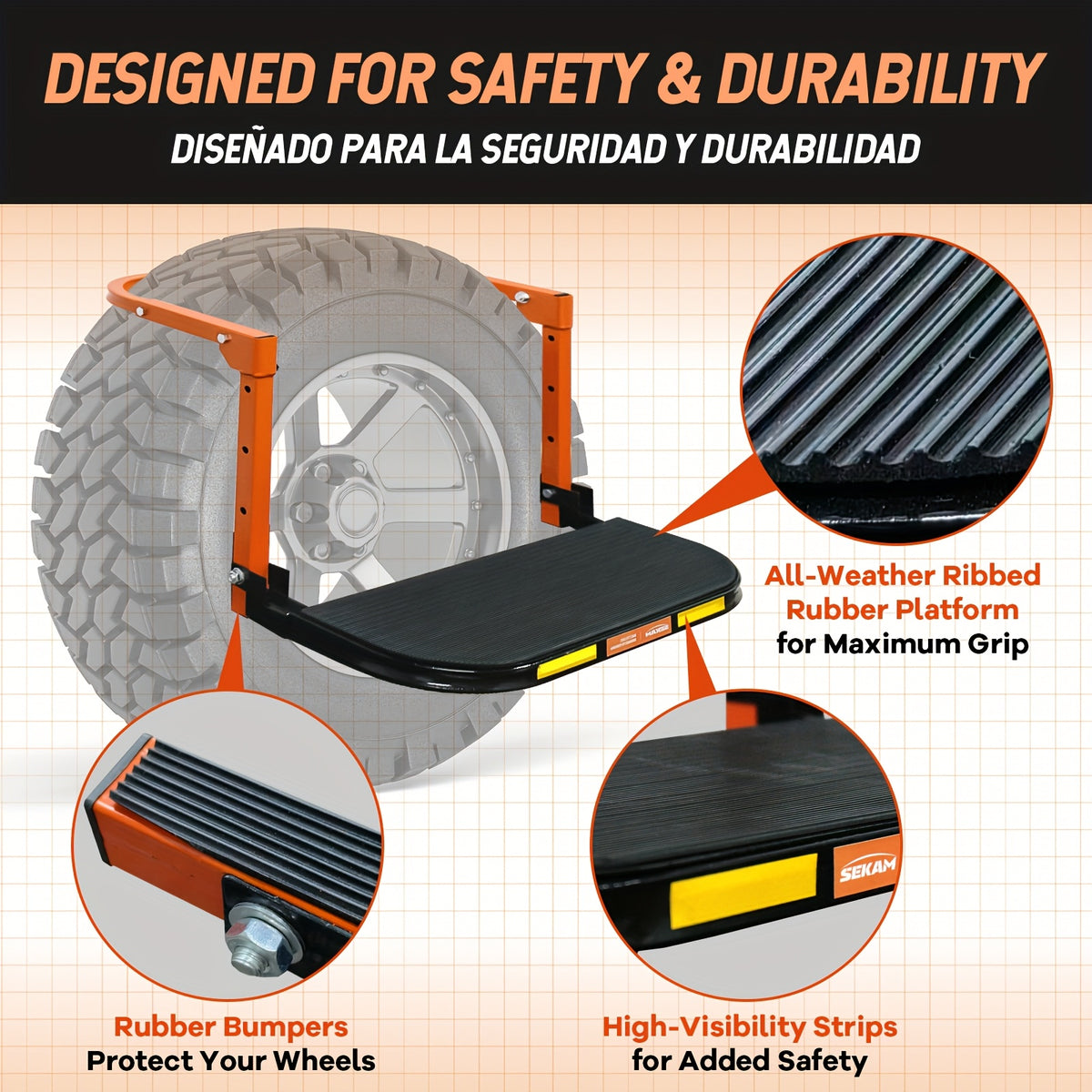 Foldable Tire Step for Compatible Truck and SUV Roof Rack Access, Adjustable Standing Platform with 300 lb, 650 lb or Upgraded Quick-Clip Option Labels