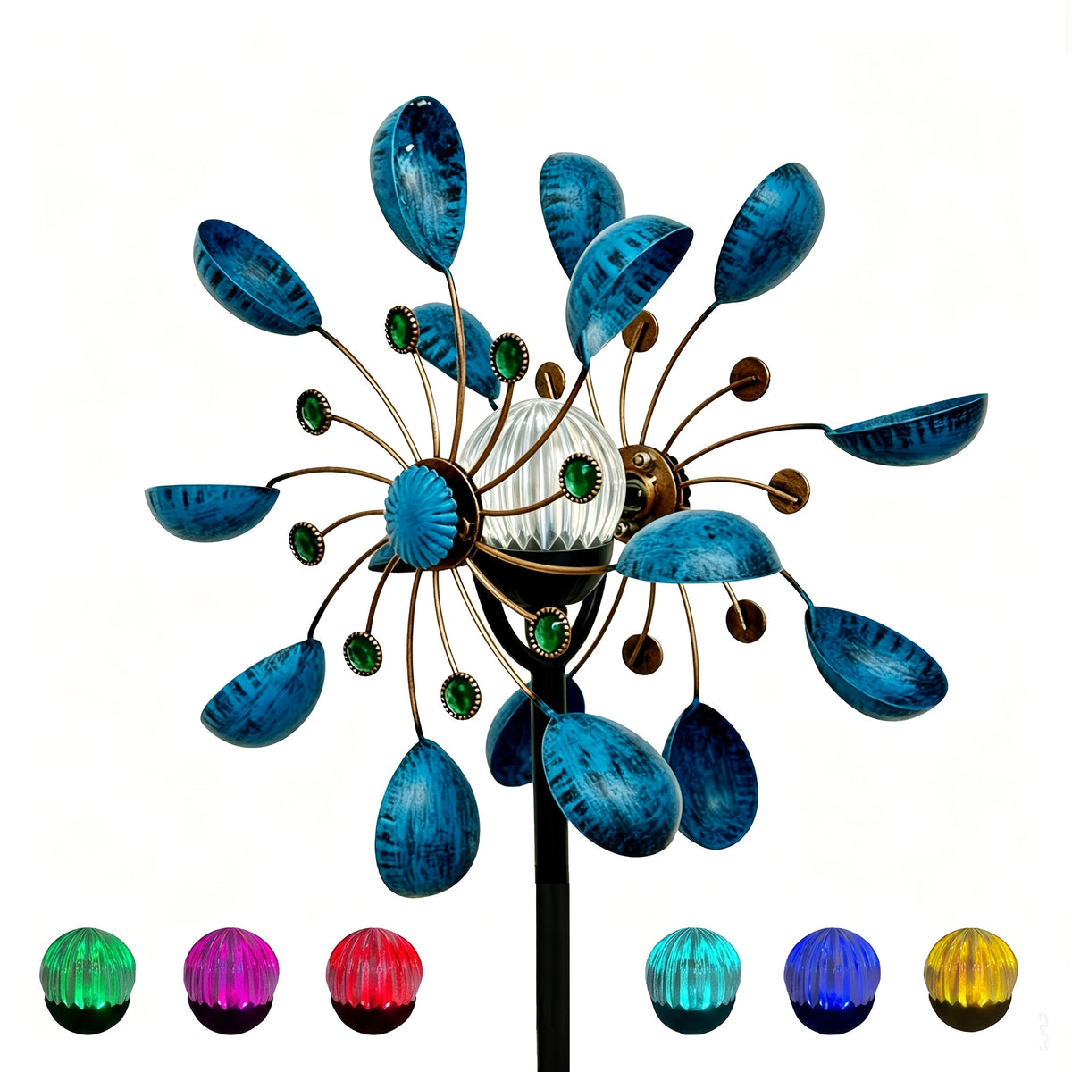 Garden Wind Spinner with Solar Multicolor LED Light, Metal Pinwheel Yard Decor with Listed 72-Inch Size and Red, Bronze, Blue or Butterfly Design Options
