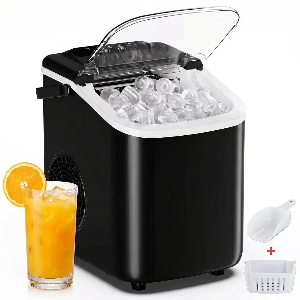 Carry-Handle Ice Maker with Basket and Scoop, Listed 26lb Daily Output and Nine Bullet Cubes in 6–8 Minutes, Black or White 40.58oz-Labeled Options