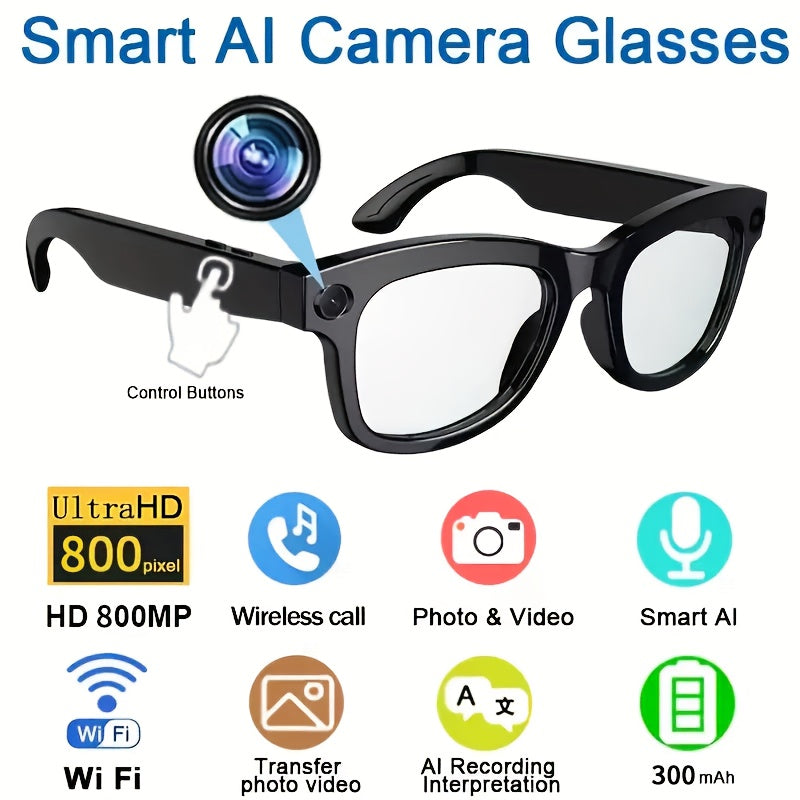 Smart Camera Glasses with Black Sunglasses and Transparent Lens Options, Including 5MP-Labeled Styles, Listed Wireless Video, Audio and AI Voice Features