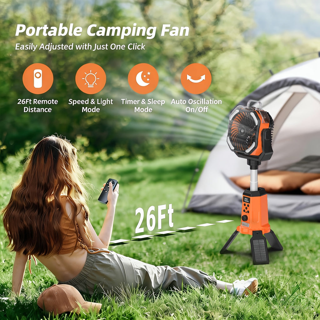 Portable Tent Fan F30P with Listed 20000mAh Rechargeable Battery, LED Light, Hook, 8-Blade Design and 270° Rotation for Camping in Black or Orange