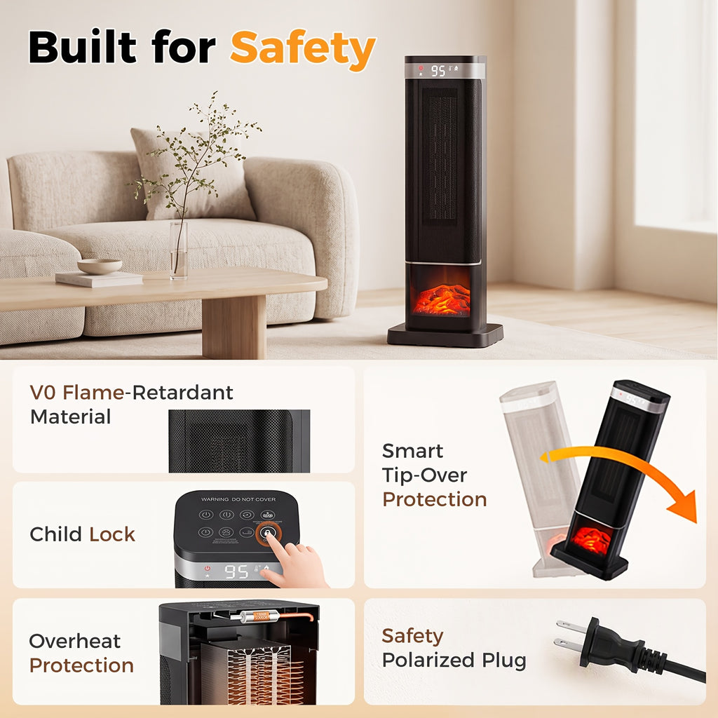 Tower Ceramic Space Heater with Listed 1500W Power, Remote Control, Thermostat, Four Modes and 12-Hour Timer in Round or Square Styles for Supplemental Indoor Warmth