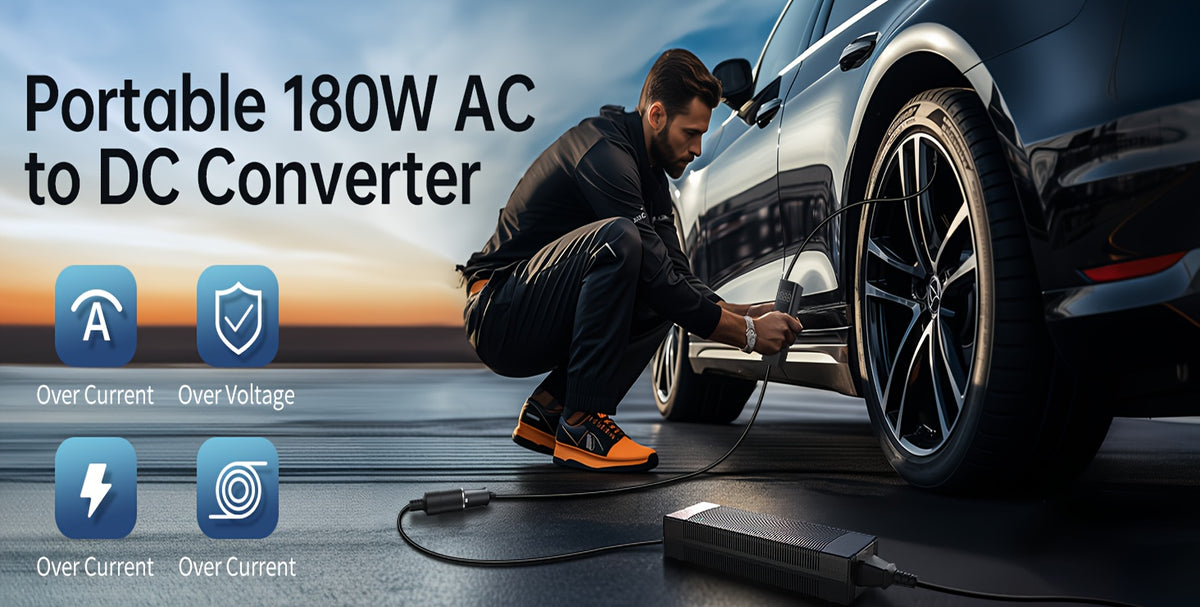 12V Car Power Adapter with Listed 15A 180W Maximum Output, 100–240V AC to DC Converter and 9.2ft Total Cord Length for Compatible Automotive Accessories at Home