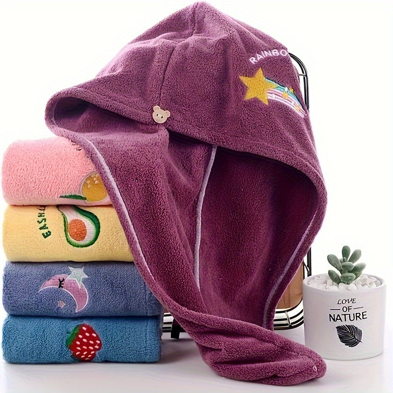 Cartoon Embroidered Hair Towel Cap in Pink, Single-Piece 240GSM Coral Fleece Hair Drying Accessory for Women's After-Shower, Travel and At-Home Spa Routines
