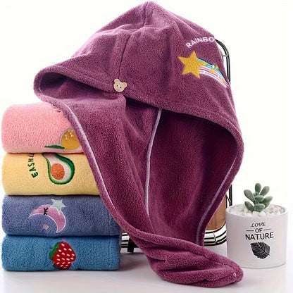 Cartoon Embroidered Hair Towel Cap in Pink, Single-Piece 240GSM Coral Fleece Hair Drying Accessory for Women's After-Shower, Travel and At-Home Spa Routines