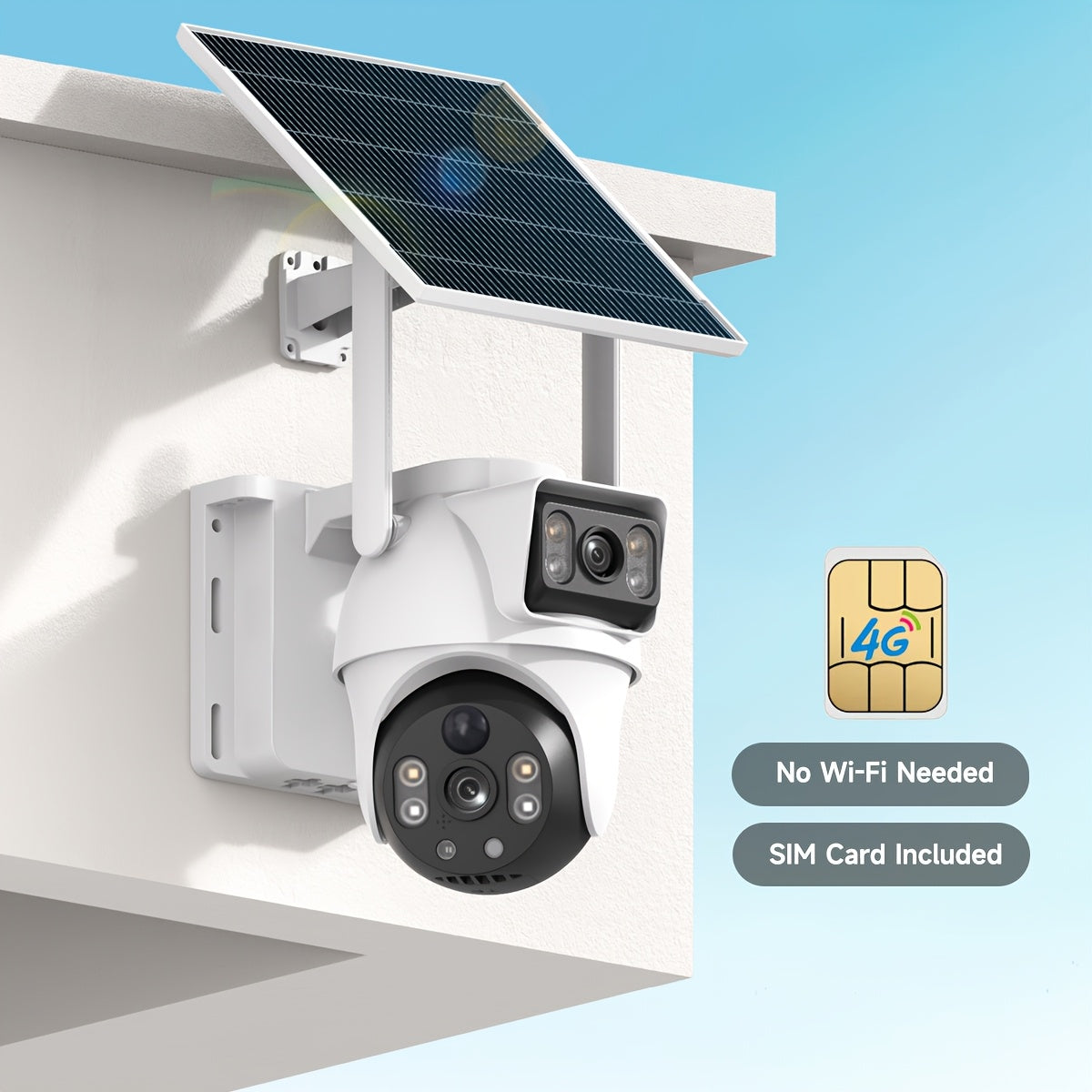 Dual-Lens Cellular Solar Security Camera, US-Only 4G LTE Outdoor Monitor with Solar Panel, Pan Tilt, Color Night Vision and Two-Way Audio, No WiFi