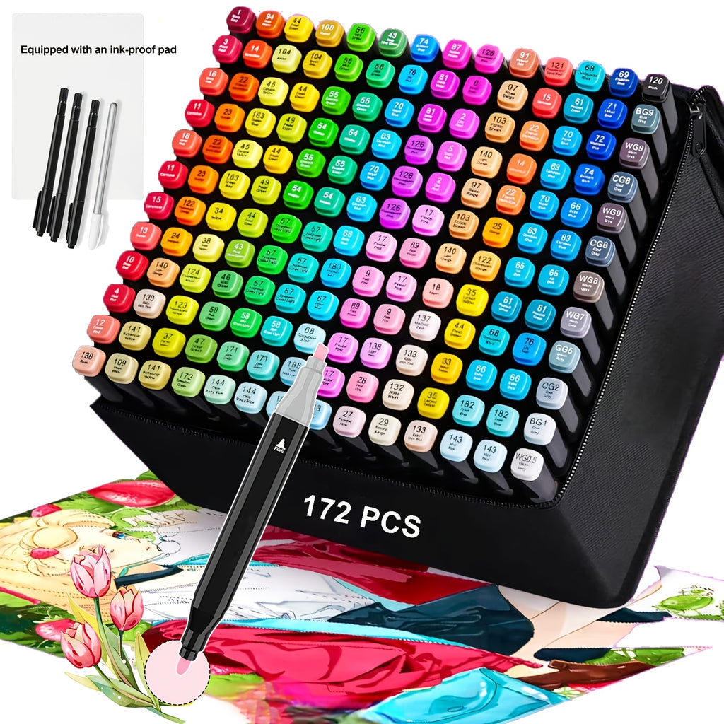 Artist Marker Pens Set 172 Pieces with Chisel and Fine Dual Tips, Drawing and Coloring Supplies with Protective Mat for Adult Sketching and Greeting Cards