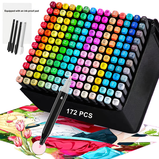 Artist Marker Pens Set 172 Pieces with Chisel and Fine Dual Tips, Drawing and Coloring Supplies with Protective Mat for Adult Sketching and Greeting Cards