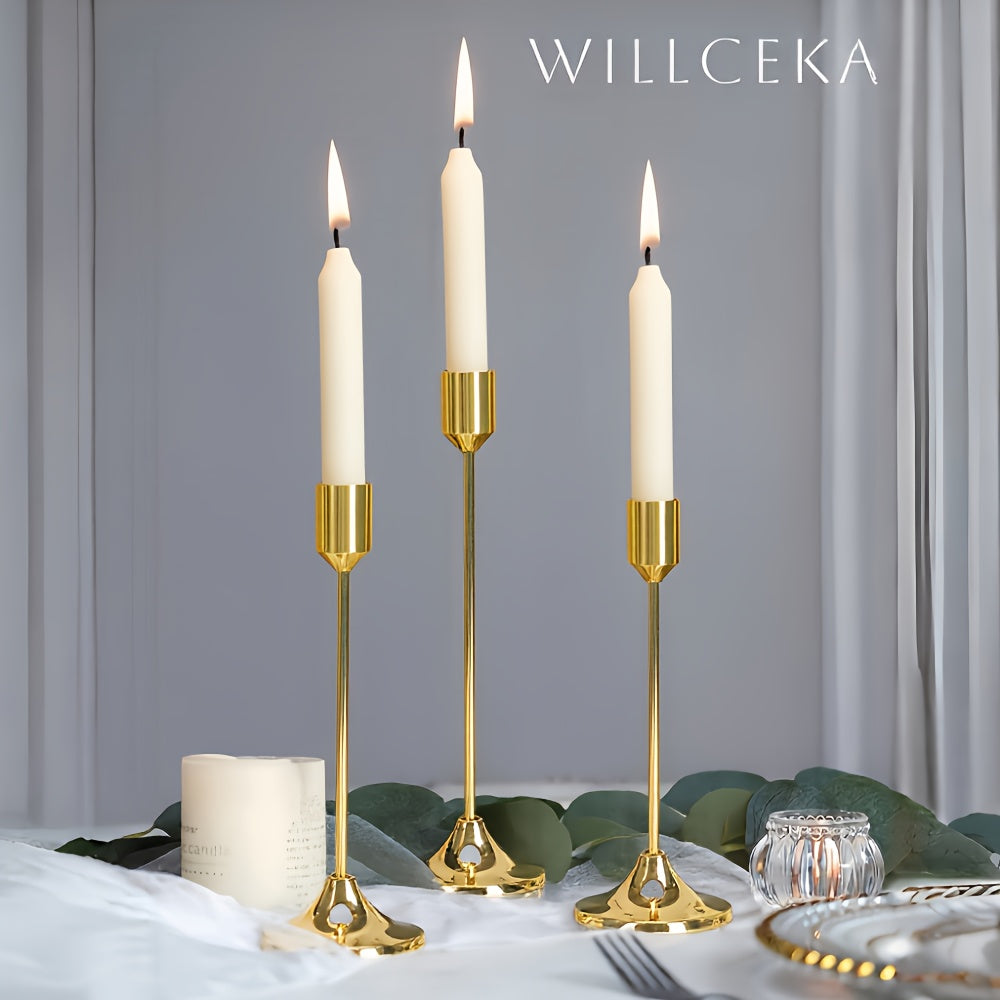 Metal Candle Holders Three-Piece Set for Wedding Centerpieces, Anniversary Dinner Tables and Seasonal Decor with Golden-Tone, French Golden, Silvery or Black Labels