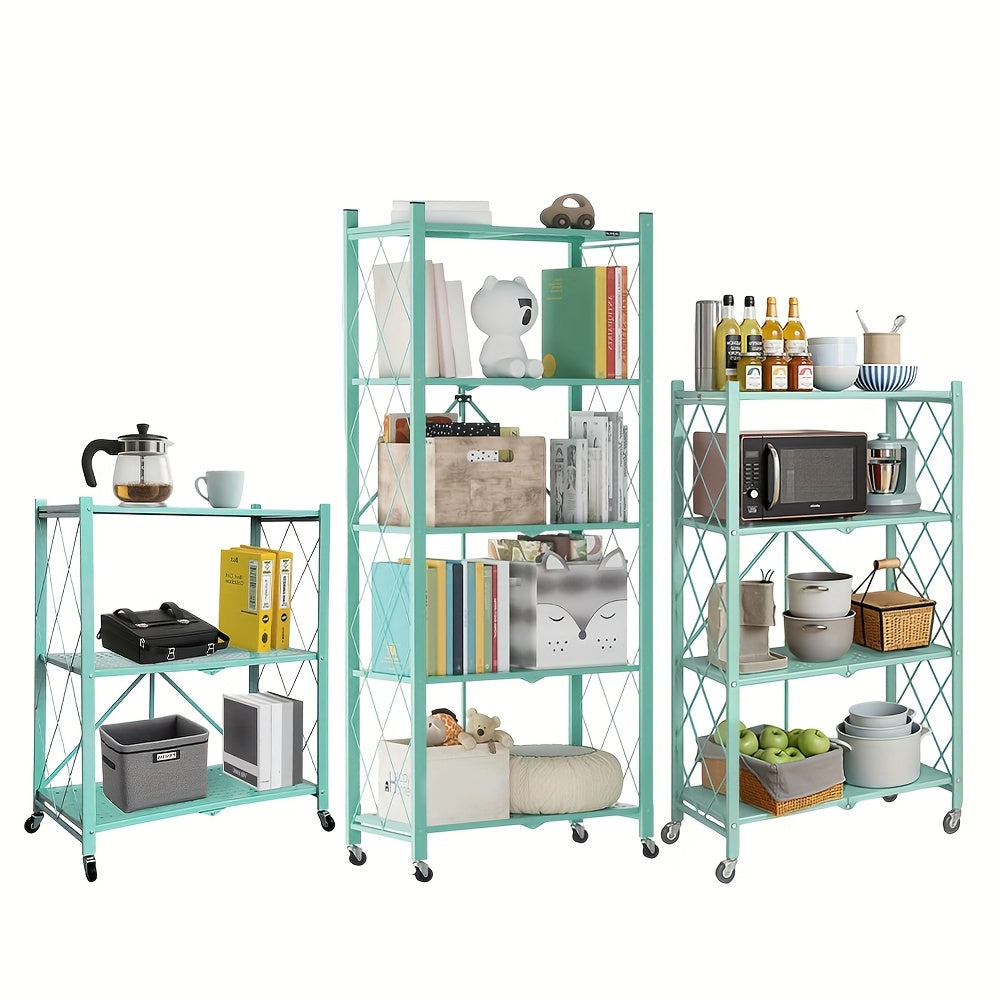 Rolling Folding Storage Rack with Metal Construction and Listed Locking Wheels, Three- to Five-Tier Model Labels for Kitchenware, Household and Dorm Organization