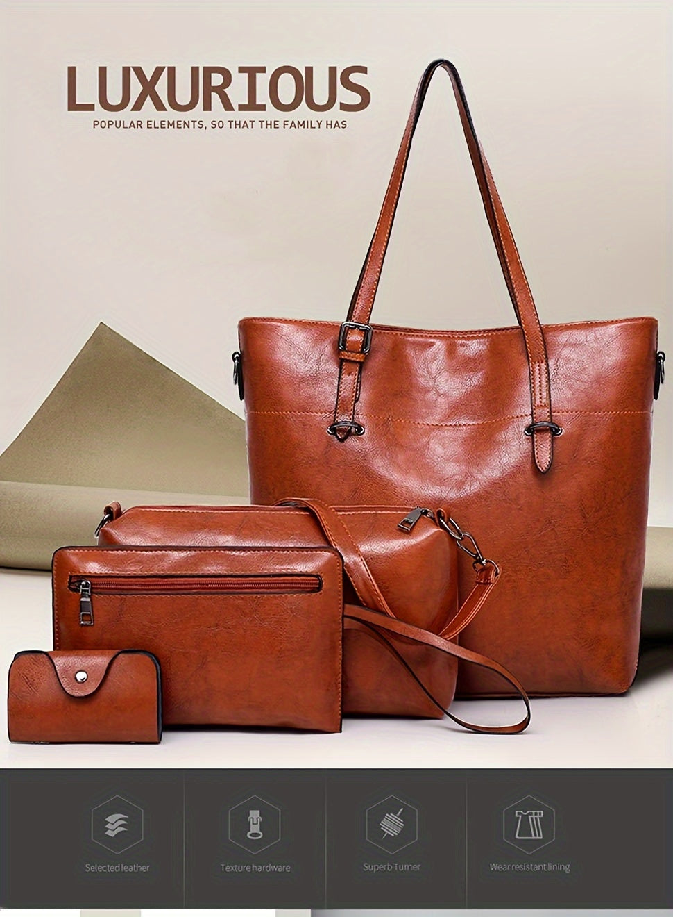 Retro PU Handbag Set for Women, Listed Four-Piece Tote, Crossbody, Shoulder Bag and Wallet Collection in Brown Plus, Black Plus or Blue for Shopping and Date Nights