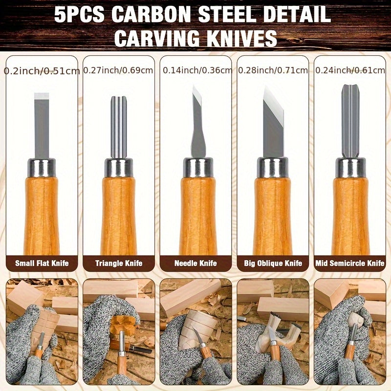 Wood Carving Knife Set with 15, 17, 20 or 23-Piece Options, Listed PU Case Packages and Detail, Hook and Geometric Tool Wording for Adult Woodworking Crafts