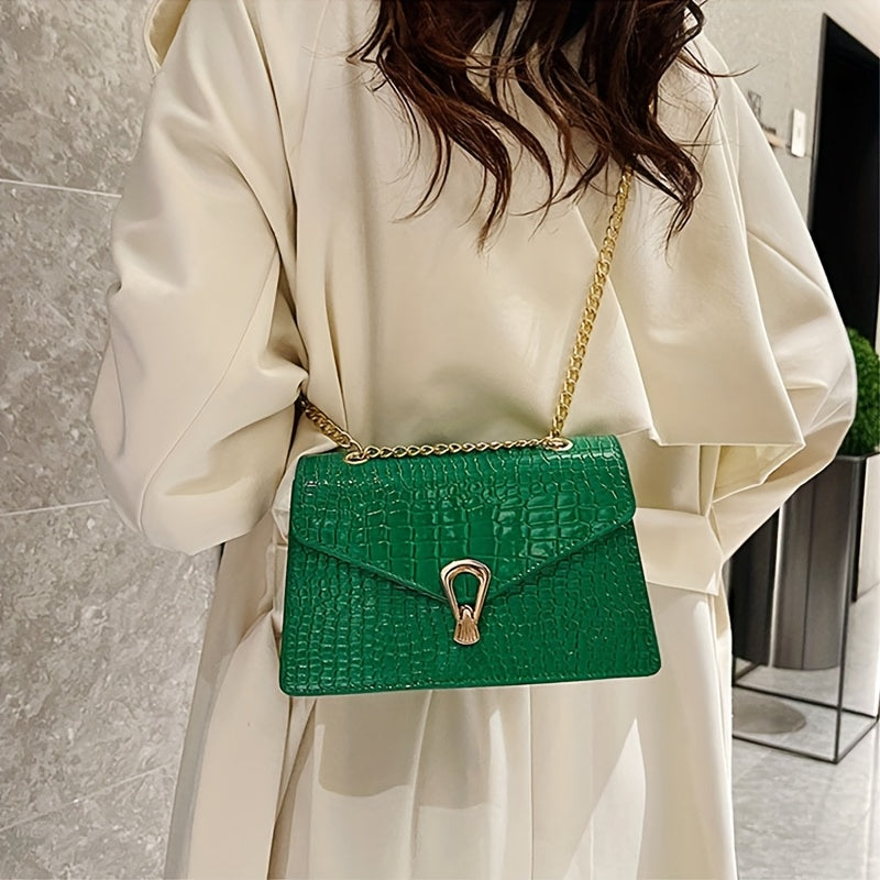 Reptile-Pattern Crossbody Bag for Women with Chain Strap Styling and Gold-Tone Hardware, White, Green or Rose Red Shoulder Purse for Casual and Evening Outfits