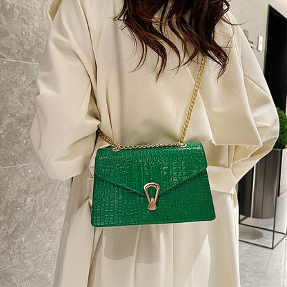 Reptile-Pattern Crossbody Bag for Women with Chain Strap Styling and Gold-Tone Hardware, White, Green or Rose Red Shoulder Purse for Casual and Evening Outfits