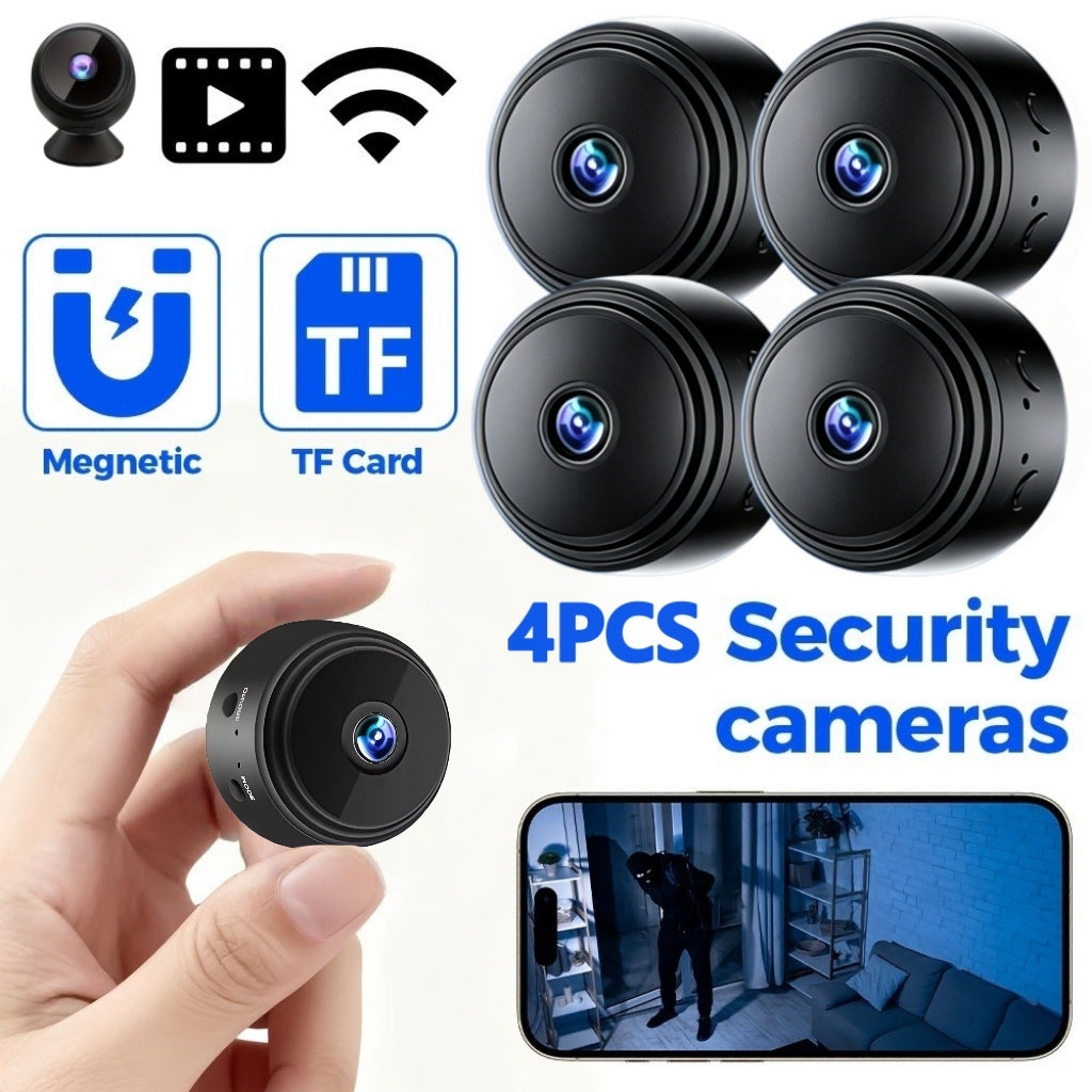 Mini WiFi Security Camera 4-Pack with Magnetic Mount, 2.4GHz Indoor Cameras with Night Vision, Motion Detection, App Remote Viewing and SD Recording Support