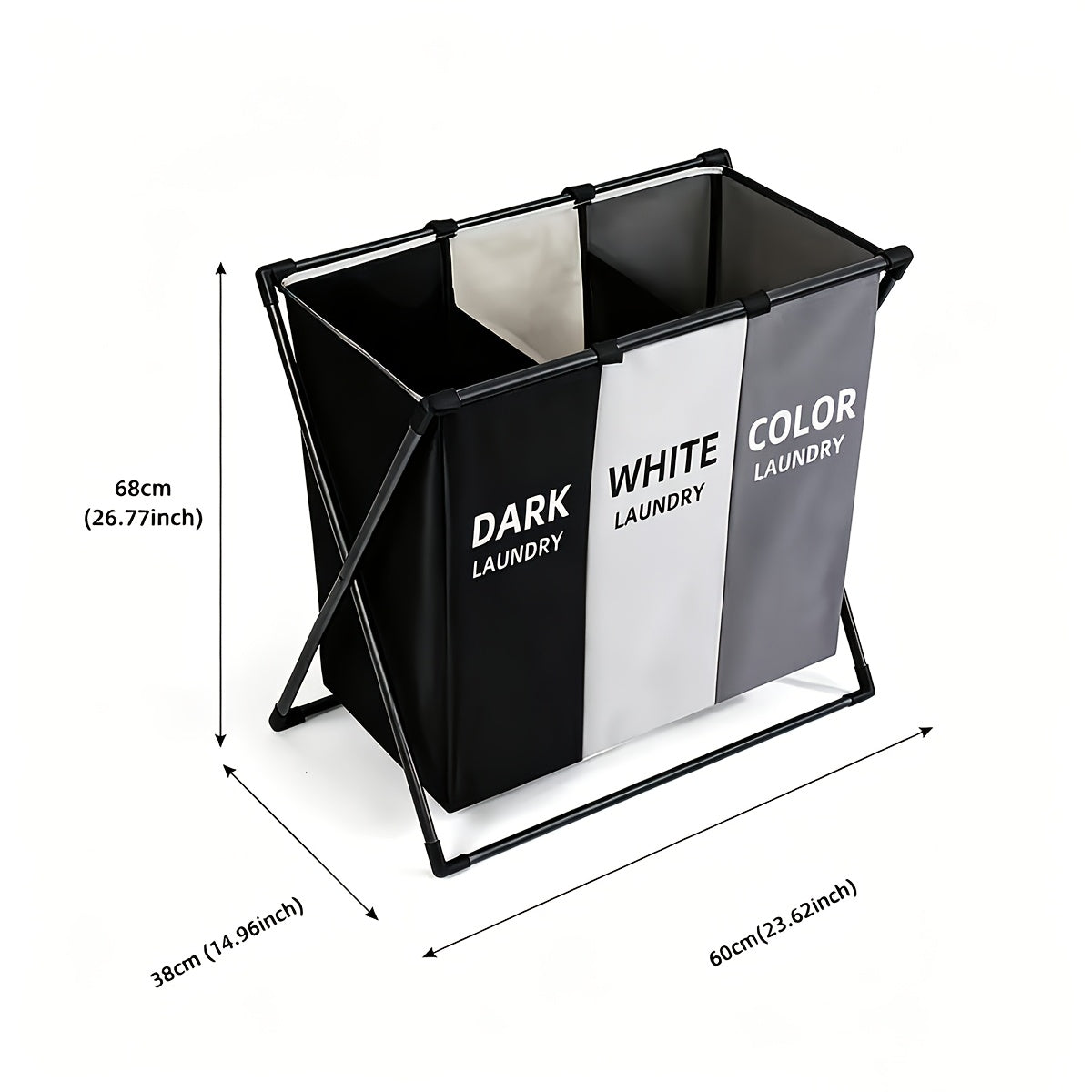 Three-Section Foldable Laundry Hamper Sorter with Listed Oxford Bags and Handles, Rectangular 3 BAG Option for Bedroom, Bathroom and College Dorm Organization