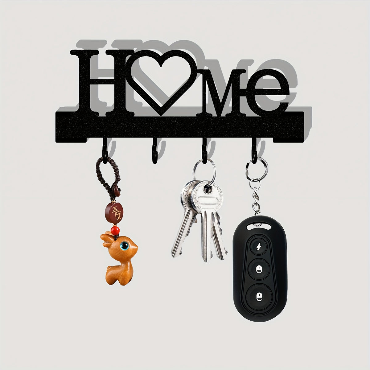 Home Love Key Hook Organizer for Wall-Mounted Entryway Storage, Single Decorative No-Drill Key Rack in Black, White, Grey or Blue for Hallways and Living Rooms