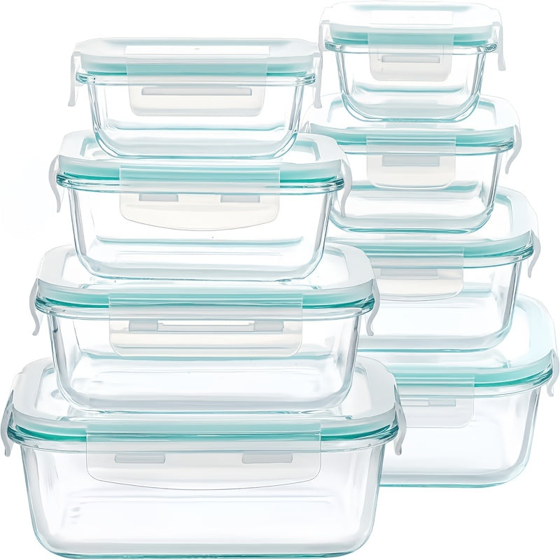 16-Piece Glass Food Storage Set with 8 Containers and 8 Matching Lids, Pink Ear-Buckle, Green or Black Ear-Clip Options for Lunch Portions and Picnic Meals