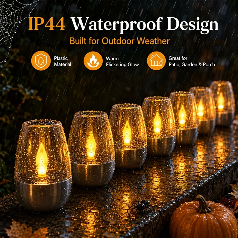 Solar Flameless LED Candles, Six-Piece Outdoor Decorative Light Set with Flickering Candlelight and Listed IP44 Rating for Patio Dinners, Weddings and Holiday Displays