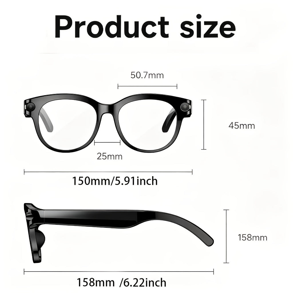 Photochromic AI Smart Glasses with Listed 8MP Camera and EIS, Live Translation, Object Recognition, Voice Control and Open-Ear Music in Unisex Black