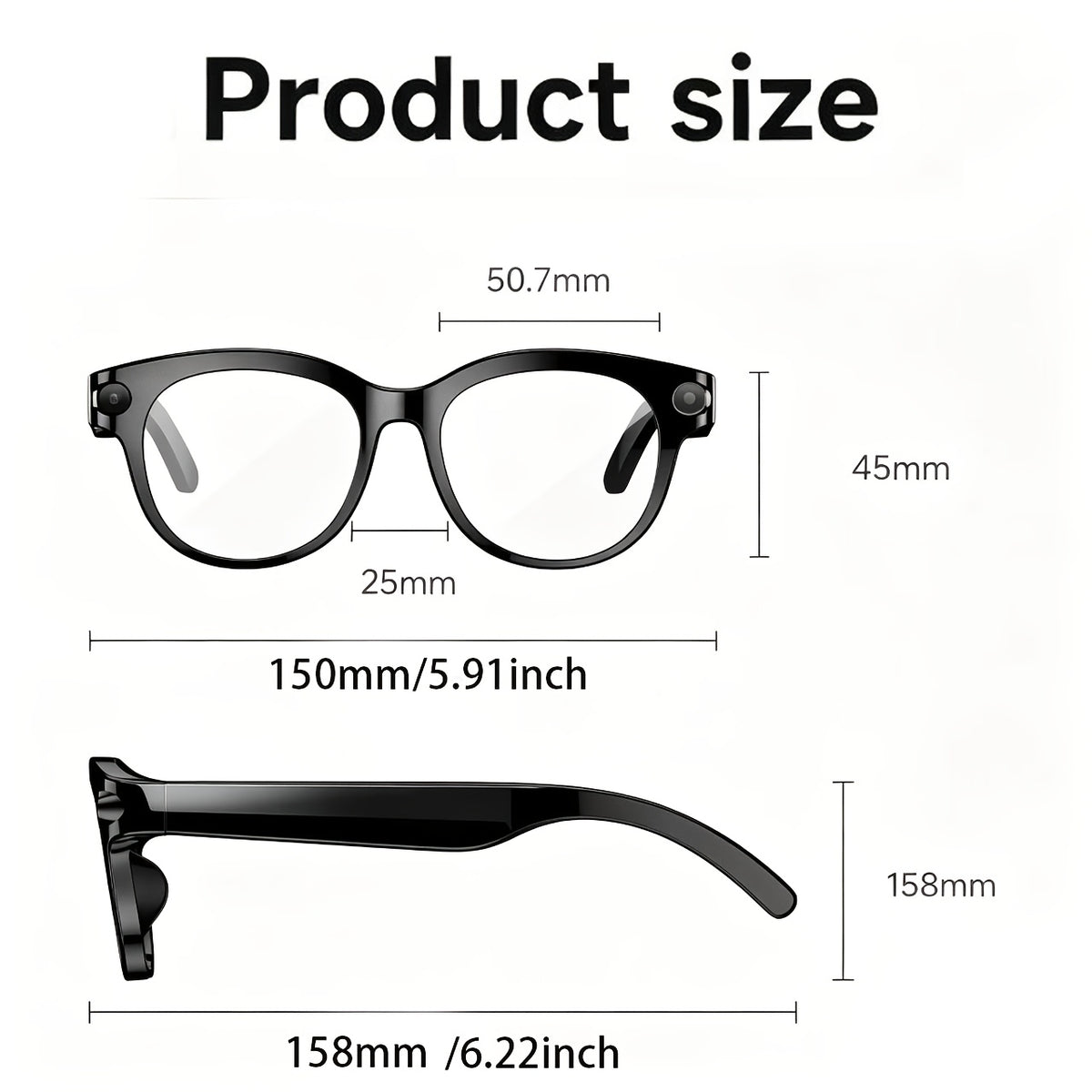 Photochromic AI Smart Glasses with Listed 8MP Camera and EIS, Live Translation, Object Recognition, Voice Control and Open-Ear Music in Unisex Black