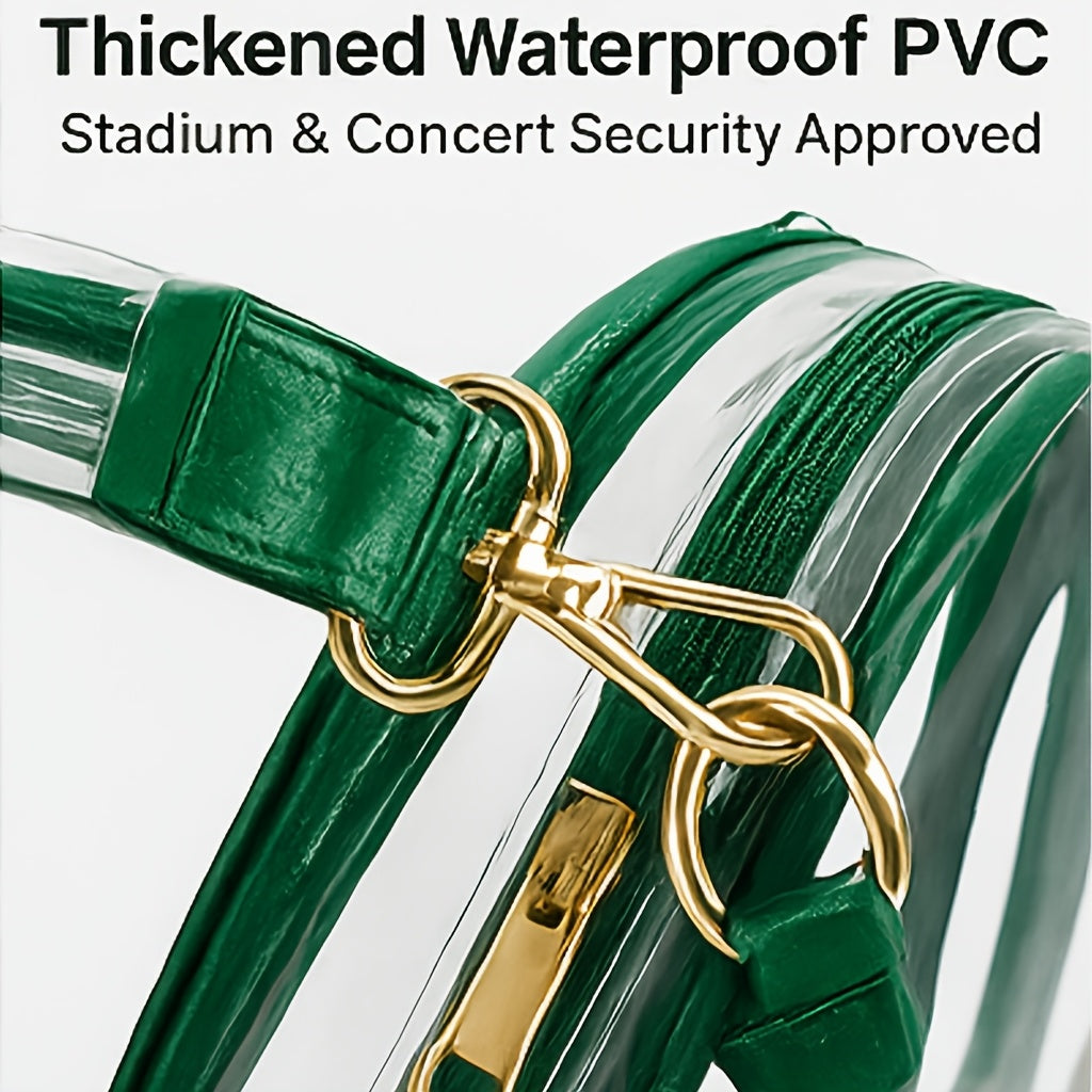 Game Day Clear Purse with Listed Letter Patches and Crossbody Carry Style, Green, Blue, Black, Red or Orange Options for Football Outfits and Concert Plans