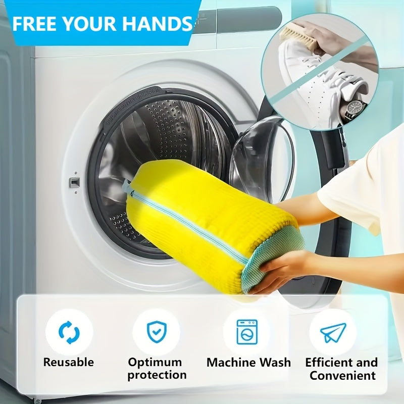 Chenille Shoe Washing Bag in Yellow with Soft Interior, Nylon Zipper and Elastic End Cover for Machine-Washable Sneakers and Household Footwear Laundry