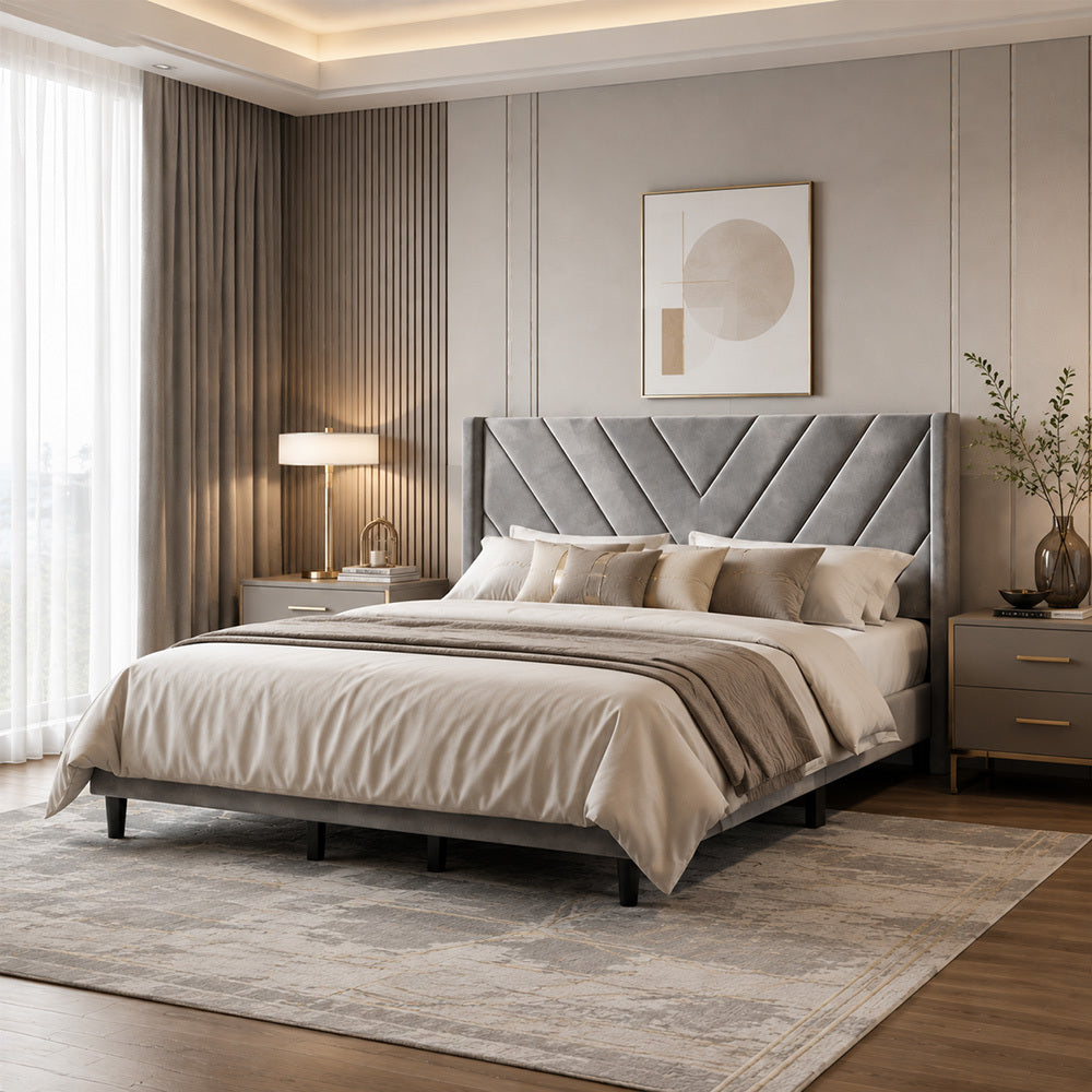 Velvet Platform Bed Frame by Costoffs with Wingback Headboard and Geometric Stitching, Wooden Slat Support, No Box Spring Needed, Twin to King Options