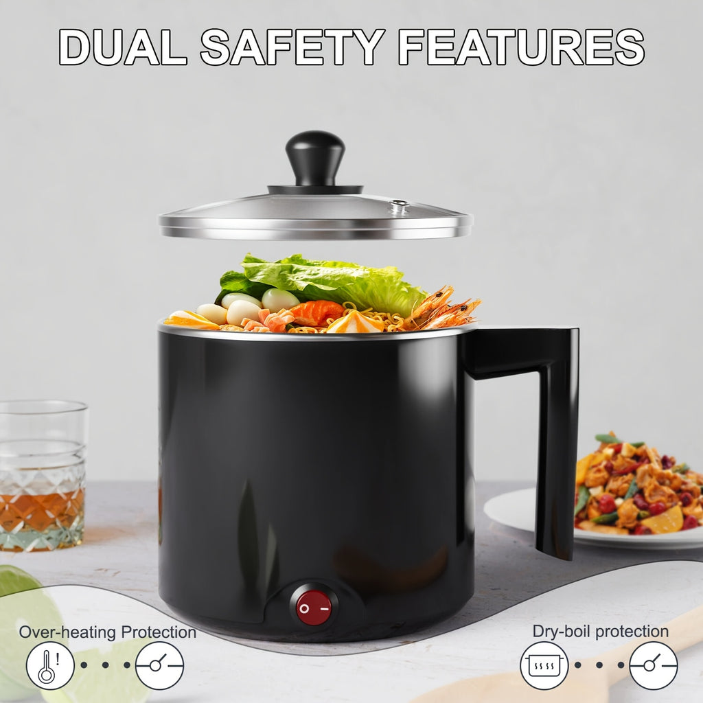 Black Electric Hot Pot with Listed 1.5L Capacity Option and Nonstick Saucepan Design for Noodles, Pasta, Eggs and Steak Preparation in Home Kitchens