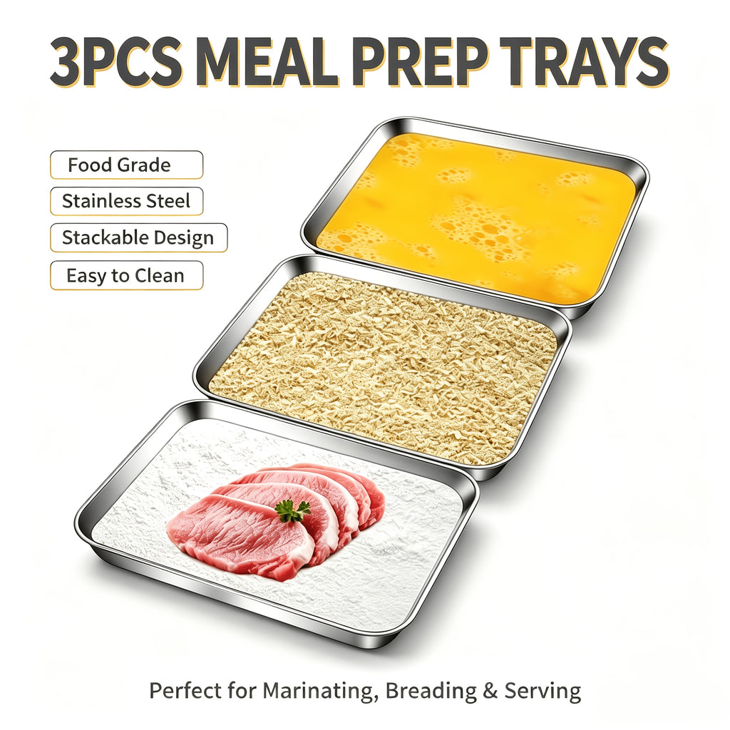 Stainless Steel Breading Tray Set with Three Food Prep Pans for Chicken Breast, Fish, Breadcrumb Coating and Meat Marinating in Home Kitchens