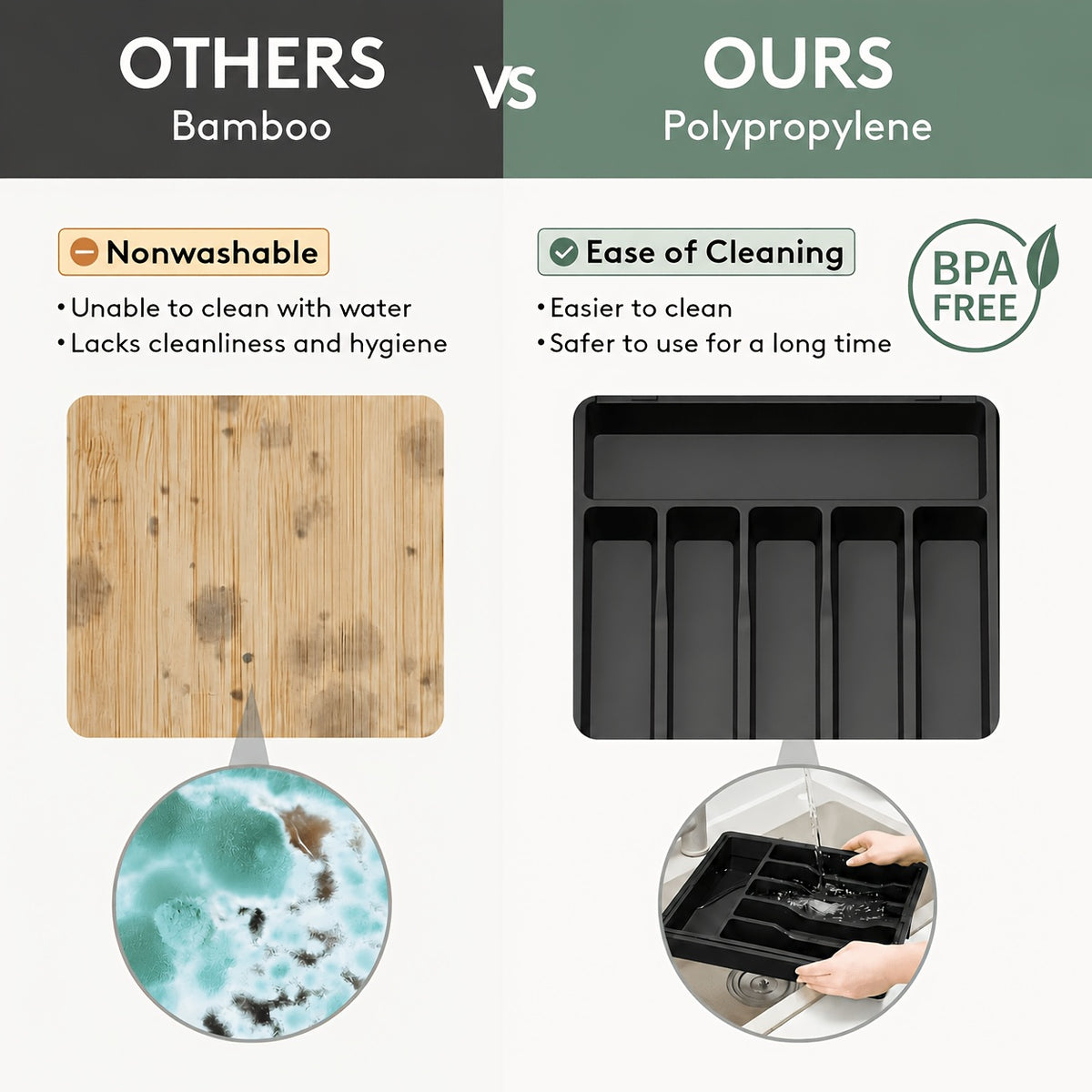 Expandable Silverware Drawer Organizer, BPA-Free Adjustable Plastic Cutlery Tray in Black or White for Kitchen Spoon, Fork and Knife Storage