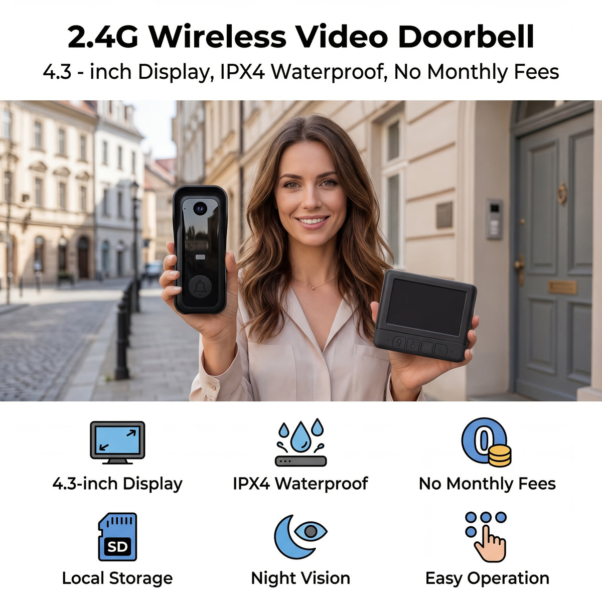 1 Set, Doorbell Camera Wireless No Subscription, Water Resistant Wireless Video Doorbell, Equipped with A 4. 3-inch Display, Real-time Communication Is Like Making A Phone Call, No Need for Button Intercom, One Click Answer, Fisheye Wide-angle Lens