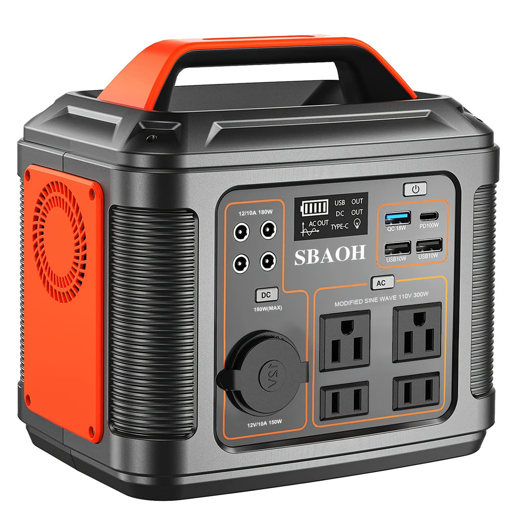 Portable Power Station 300W by SBAOH with Listed 296Wh Lithium-Ion Battery, 100W PD and Digital Display in Orange or Blue with Optional Solar Panel Package