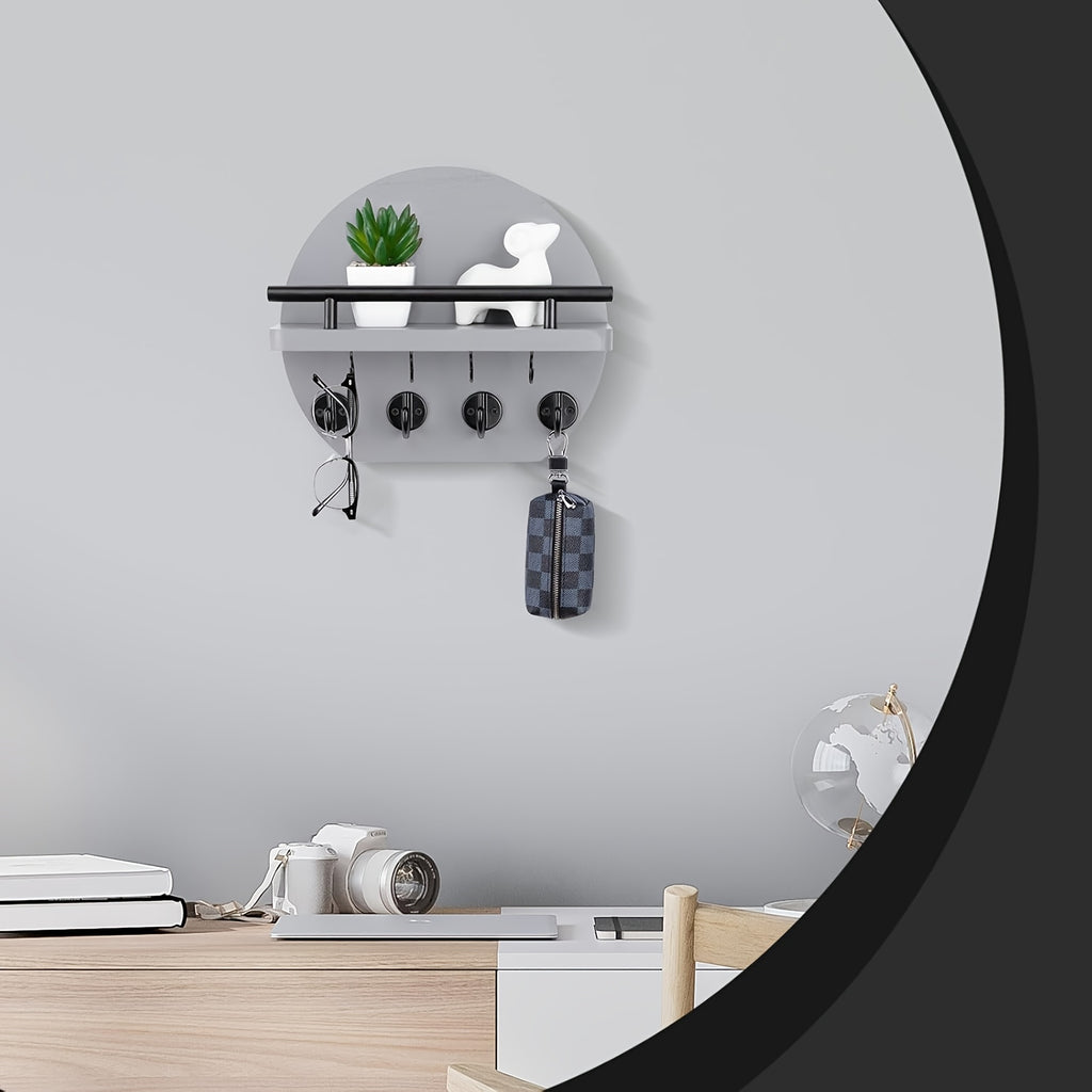 Key Holder with Shelf and Eight Hooks, Round Wooden Wall-Mounted Entryway Organizer in Brown or Natural for Hallway Keys and Everyday Small Accessories
