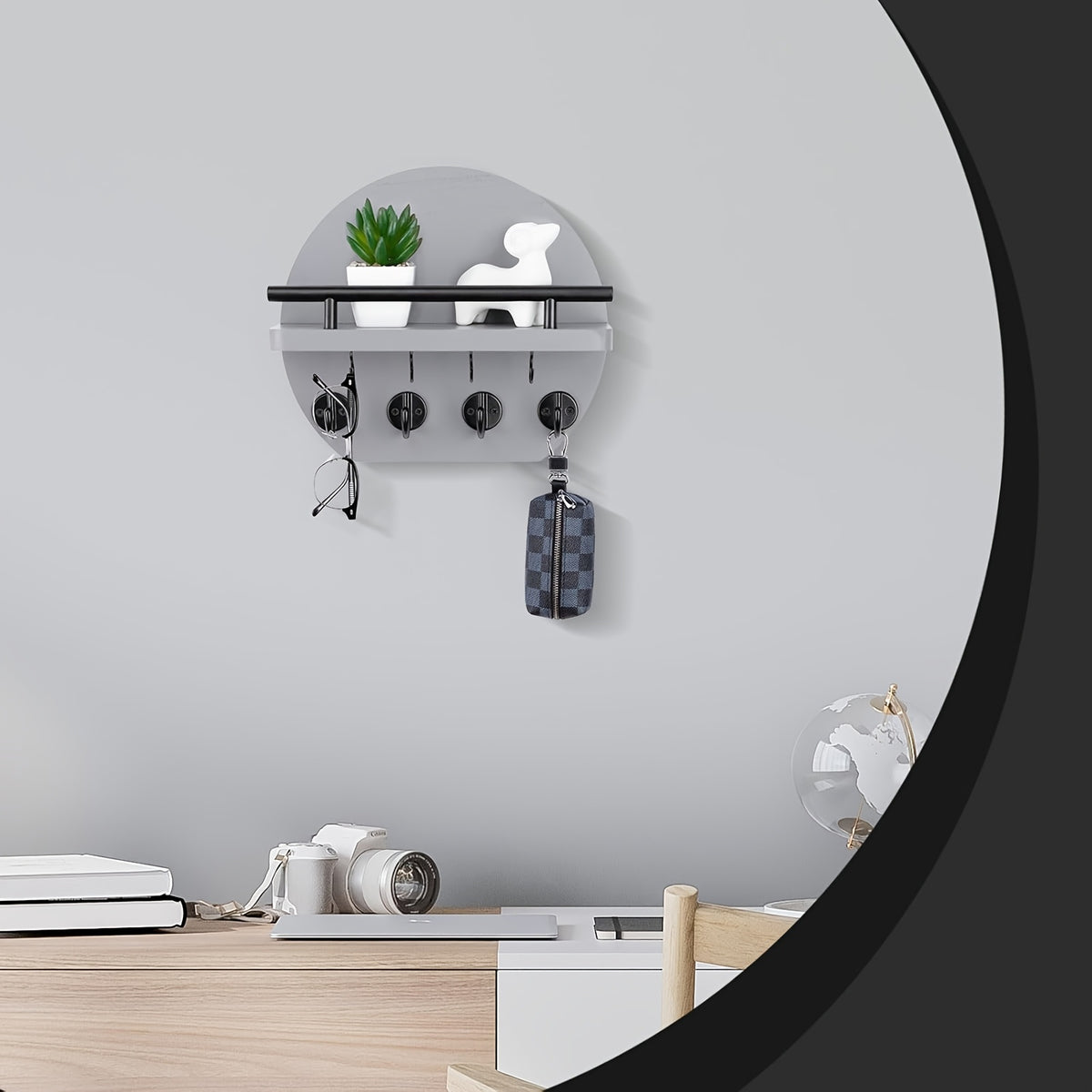 Key Holder with Shelf and Eight Hooks, Round Wooden Wall-Mounted Entryway Organizer in Brown or Natural for Hallway Keys and Everyday Small Accessories