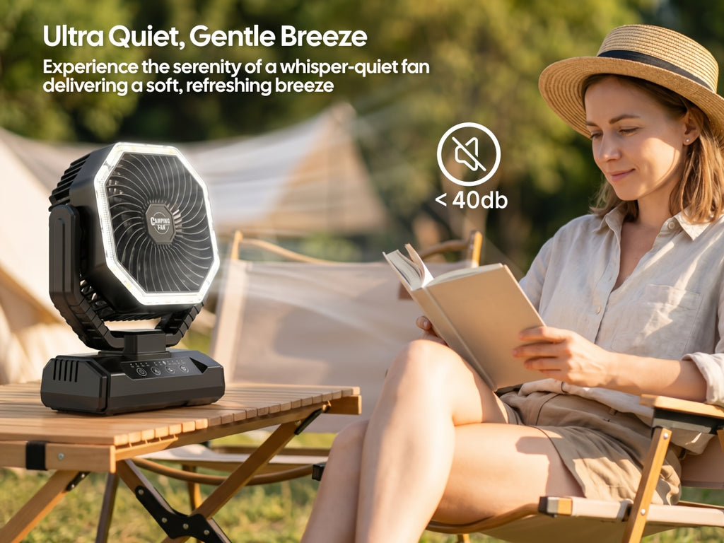 Battery Powered Camping Fan with 20000mAh Rechargeable Battery, Dual Auto Swing, 4 Speeds, 3-Level LED Light, 8-Hour Timer and Hanging Hook for Tents and RV Trips